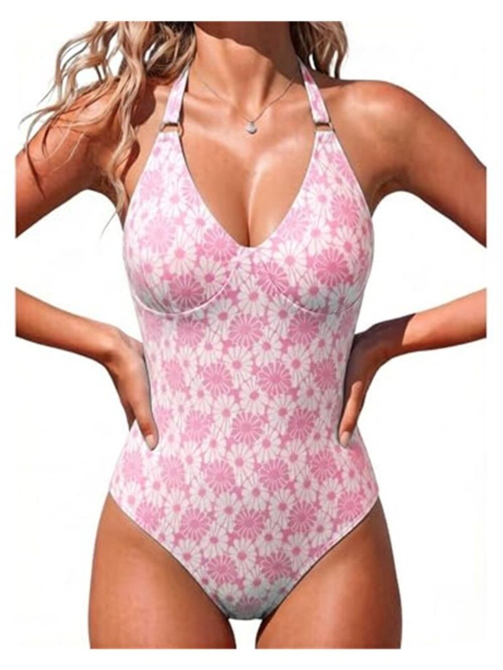 Pink Floral Halter One Piece Swimsuit Tummy Control Full Coverage Swimwear